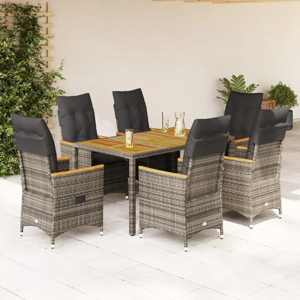 Set da Pranzo da Giardino 7 pz con Cuscini in Polyrattan Grigio