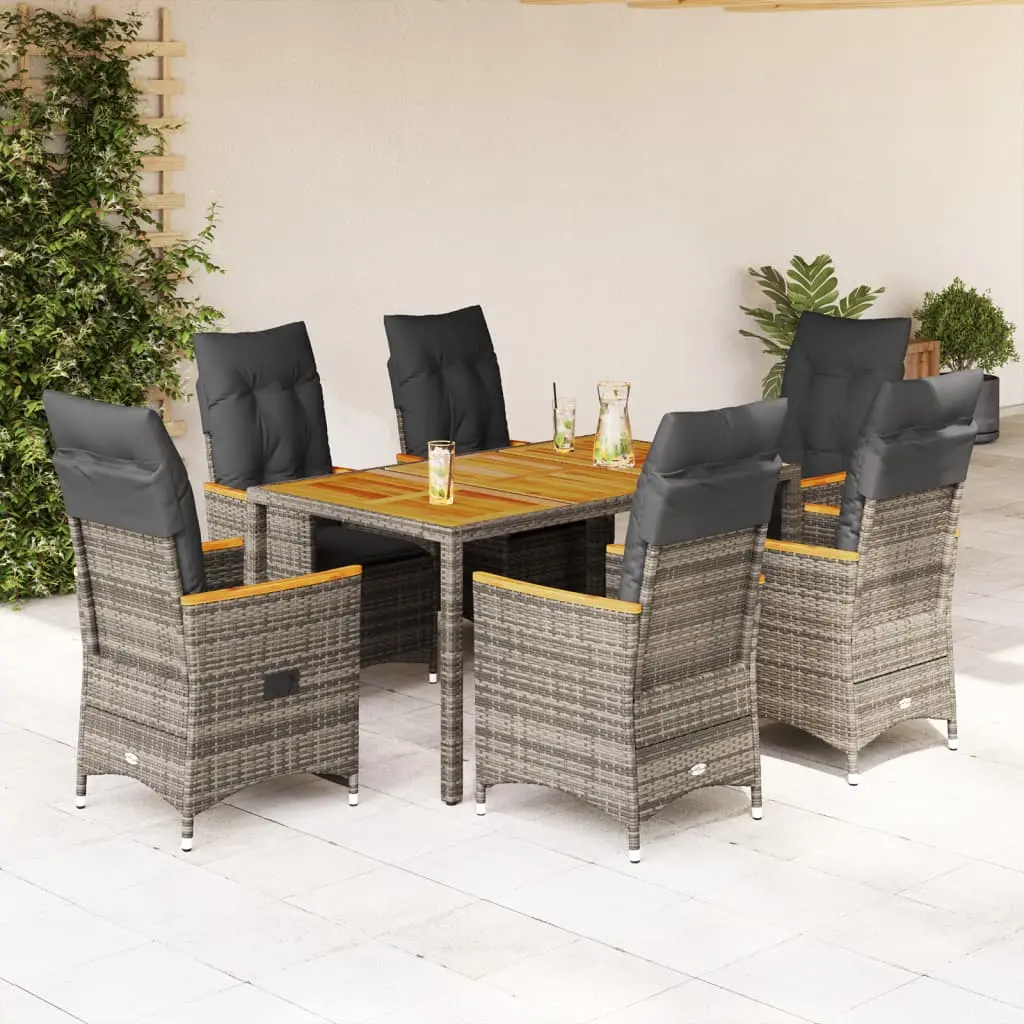 Set da Pranzo da Giardino 7 pz con Cuscini in Polyrattan Grigio