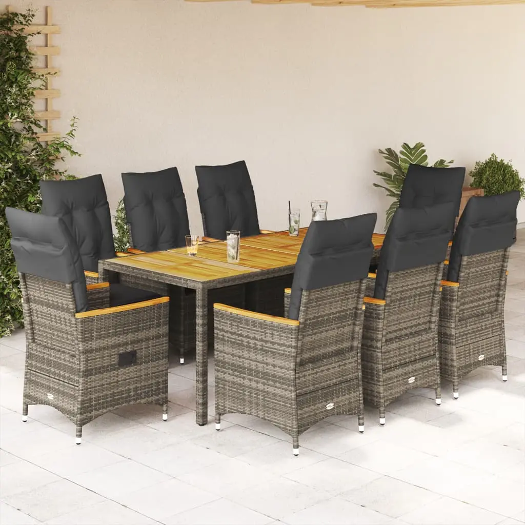 Set da Pranzo da Giardino 9 pz con Cuscini in Polyrattan Grigio