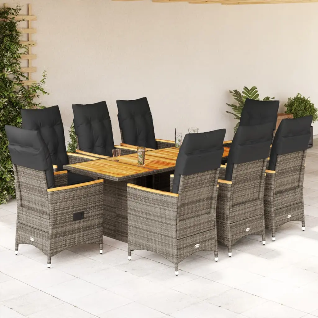 Set da Pranzo da Giardino 9 pz con Cuscini in Polyrattan Grigio