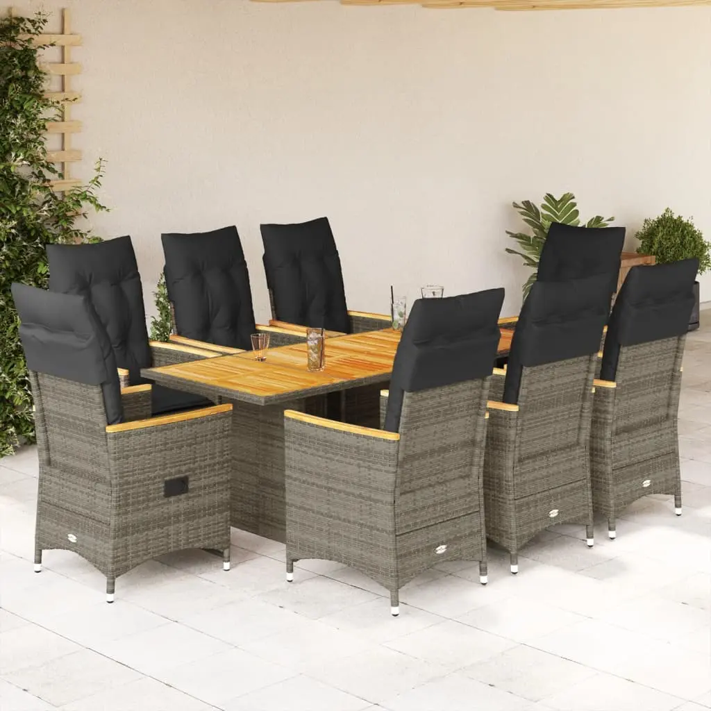 Set da Pranzo da Giardino 9 pz con Cuscini in Polyrattan Grigio