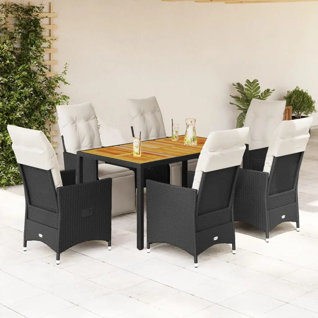 Set da Pranzo da Giardino 7 pz Nero con Cuscini in Polyrattan