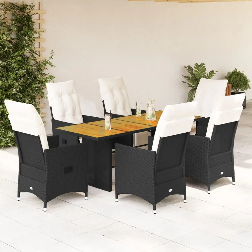 Set da Pranzo da Giardino 7 pz Nero con Cuscini in Polyrattan