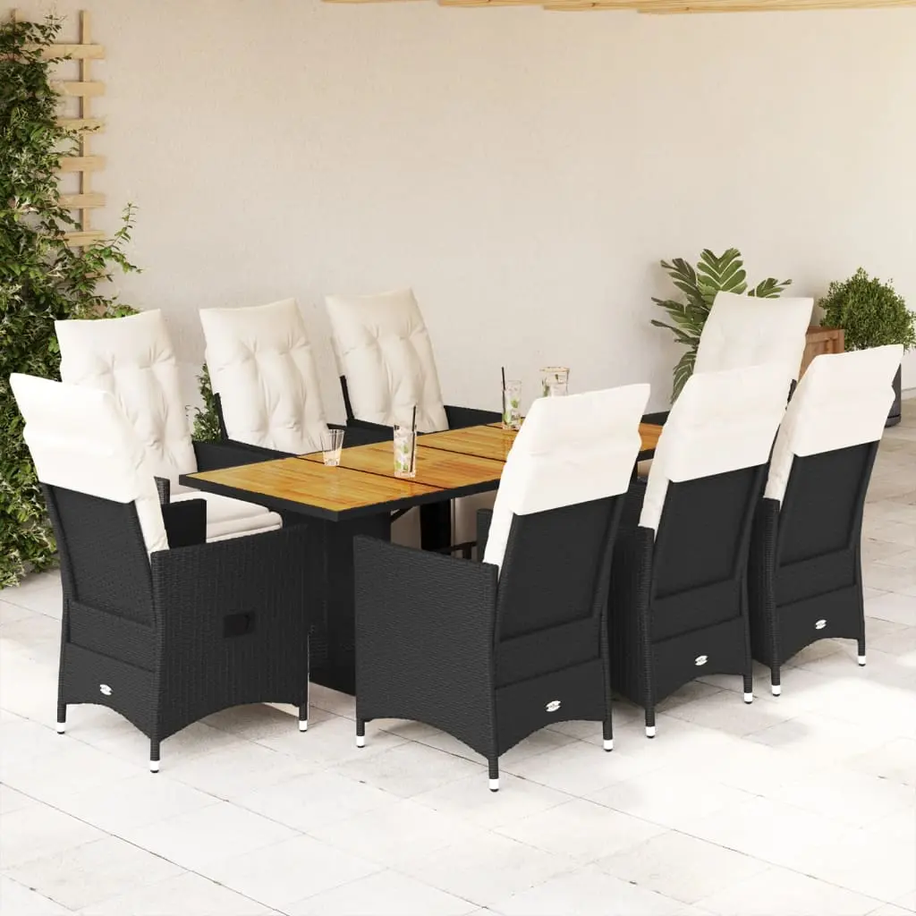 Set da Pranzo da Giardino 9 pz con Cuscini Nero in Polyrattan