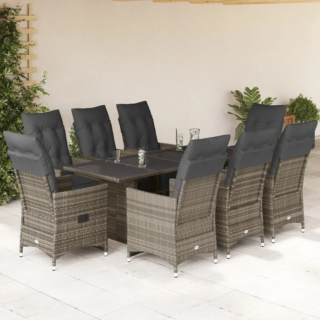 Set Bistrò da Giardino 9 pz con Cuscini in Polyrattan Grigio