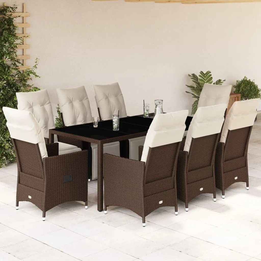 Set Bistrò da Giardino 9 pz con Cuscini in Polyrattan Marrone