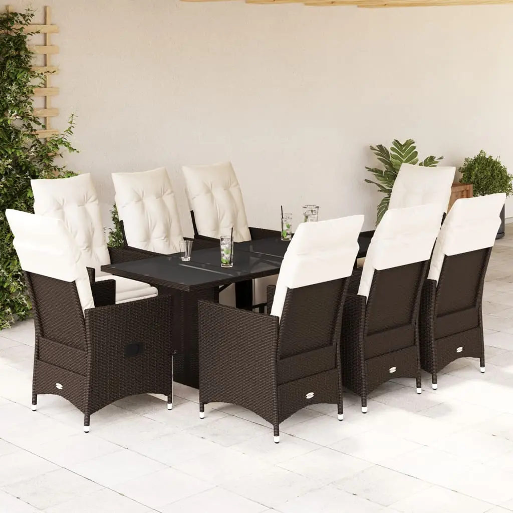 Set Bistrò da Giardino 9 pz con Cuscini in Polyrattan Marrone