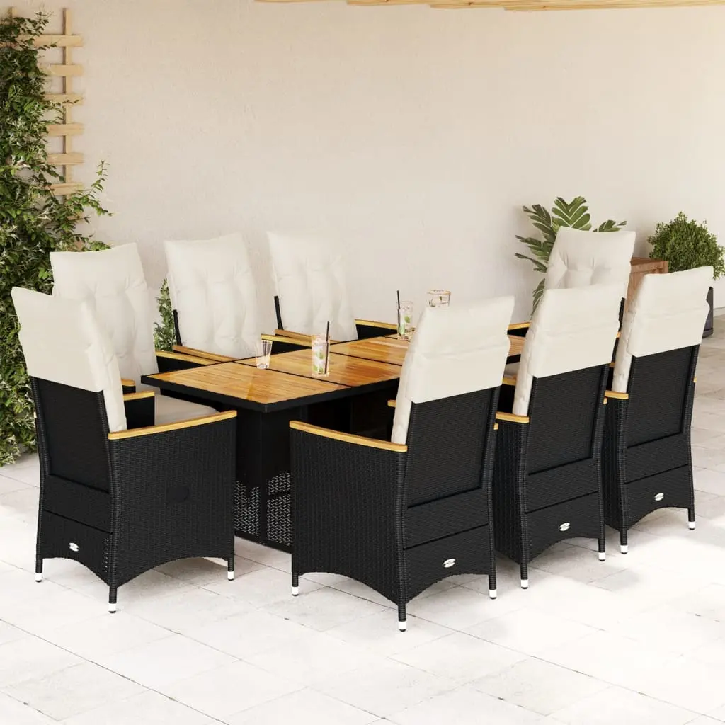 Set Bistrò da Giardino 9 pz con Cuscini in Polyrattan Nero