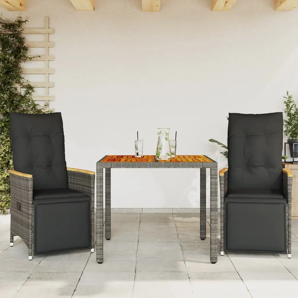 Set Bistrò da Giardino 3 pz con Cuscini in Polyrattan Grigio