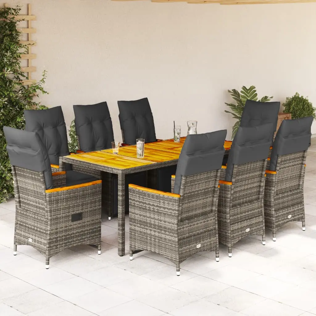 Set Bistrò da Giardino 9 pz con Cuscini in Polyrattan Grigio