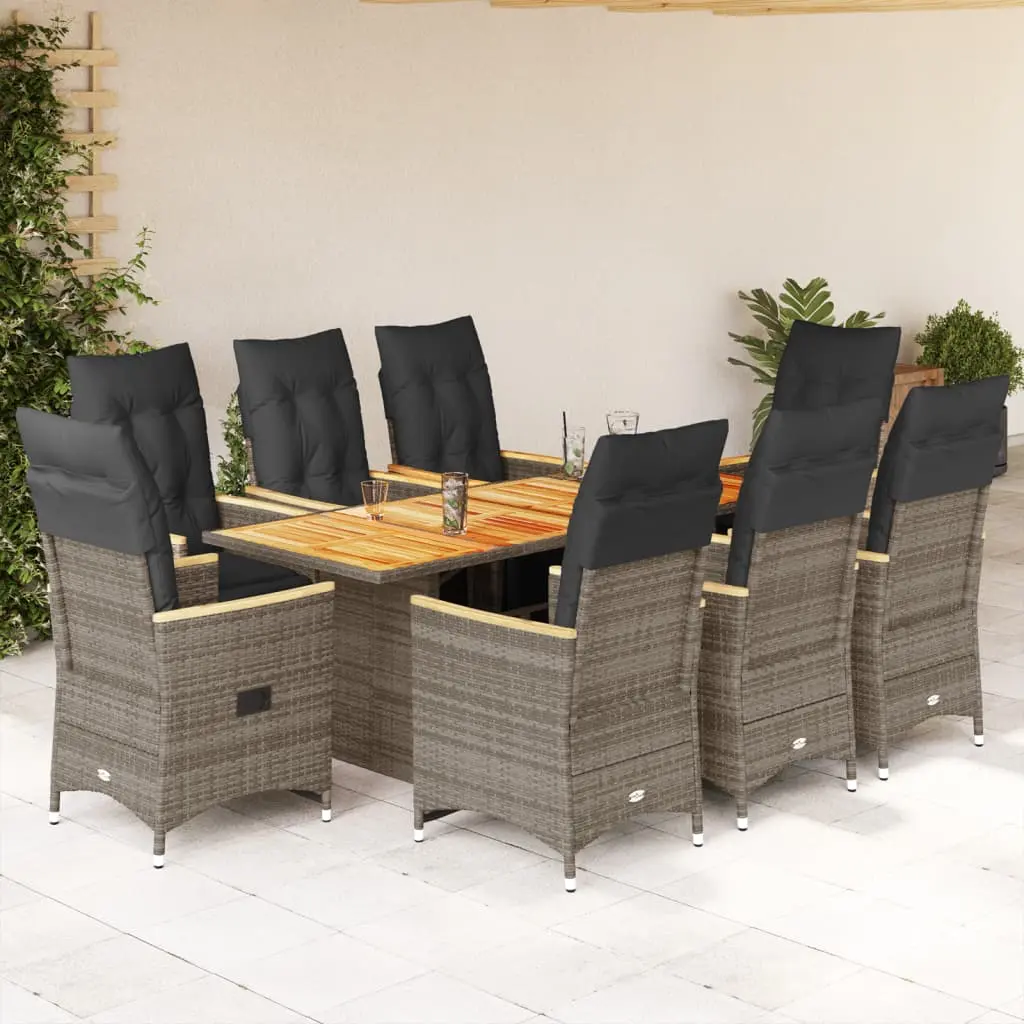 Set Bistrò da Giardino 9 pz con Cuscini in Polyrattan Grigio