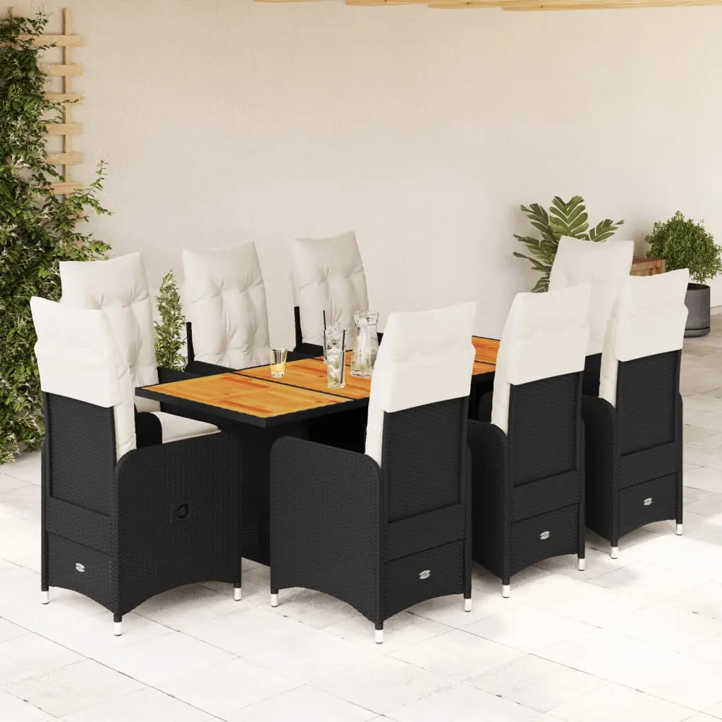 Set Bistrò da Giardino 9 pz con Cuscini in Polyrattan Nero