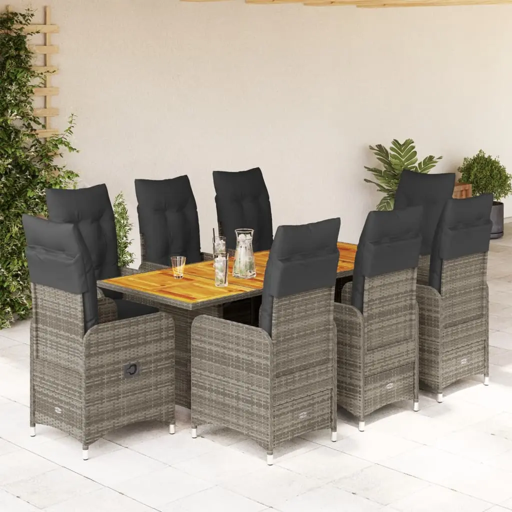 Set Bistrò da Giardino 9 pz con Cuscini in Polyrattan Grigio