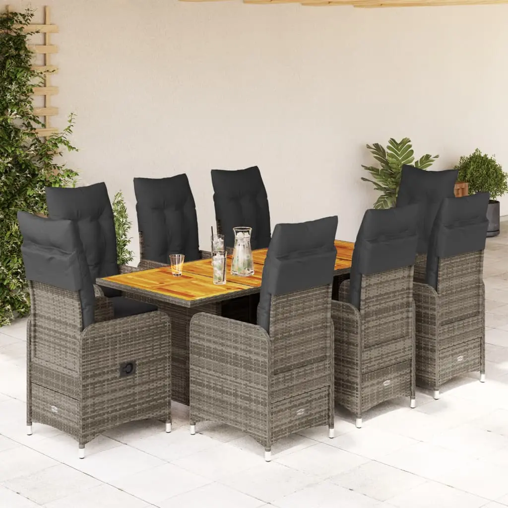 Set Bistrò da Giardino 9 pz con Cuscini in Polyrattan Grigio