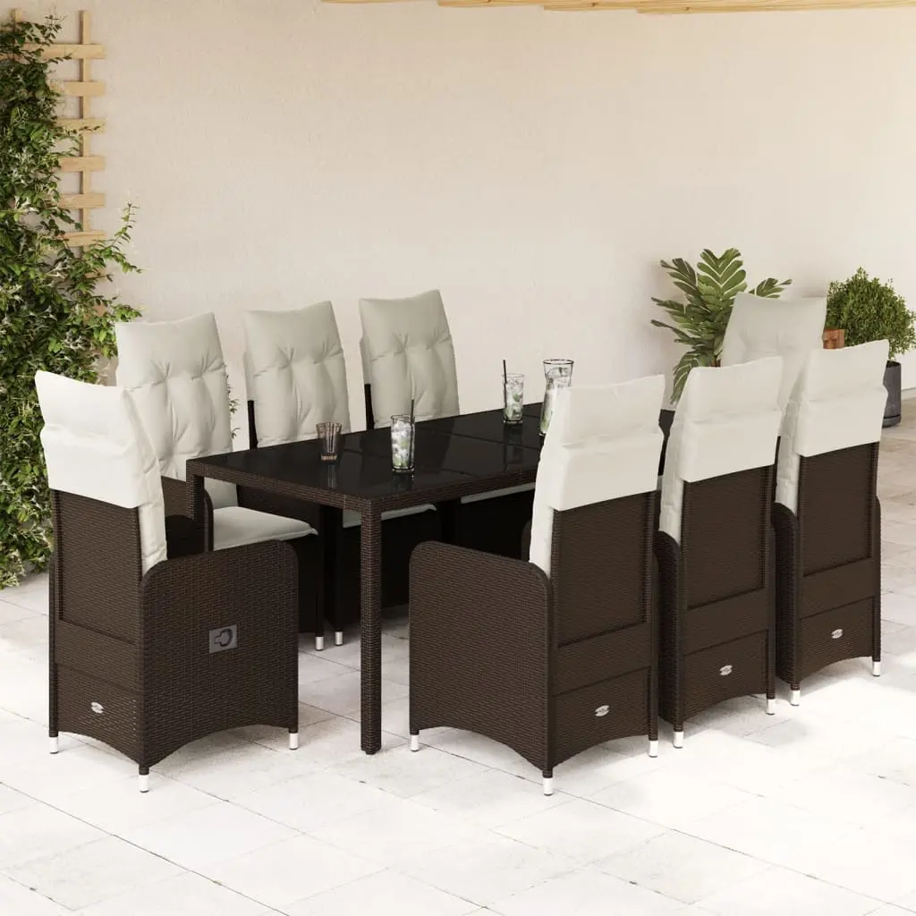 Set Bistrò da Giardino 9 pz con Cuscini in Polyrattan Marrone