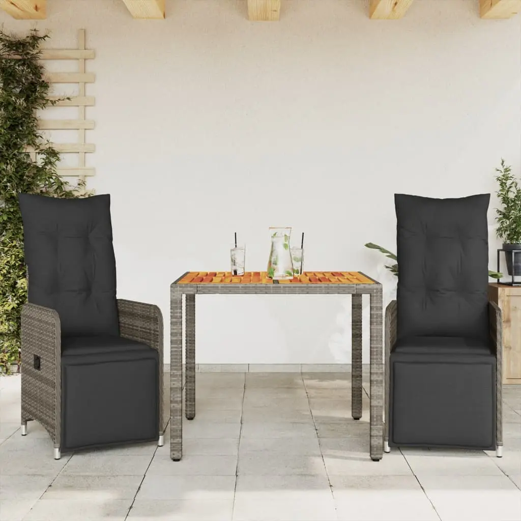 Set Bistrò da Giardino 3 pz con Cuscini in Polyrattan Grigio