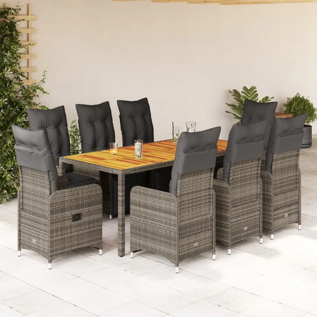 Set Bistrò da Giardino 9 pz con Cuscini in Polyrattan Grigio