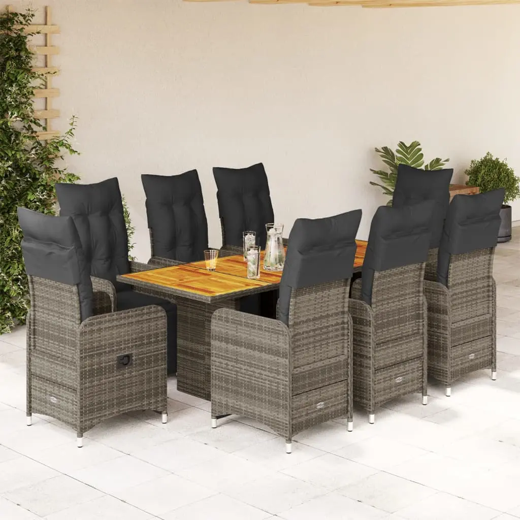 Set Bistrò da Giardino 9 pz con Cuscini in Polyrattan Grigio