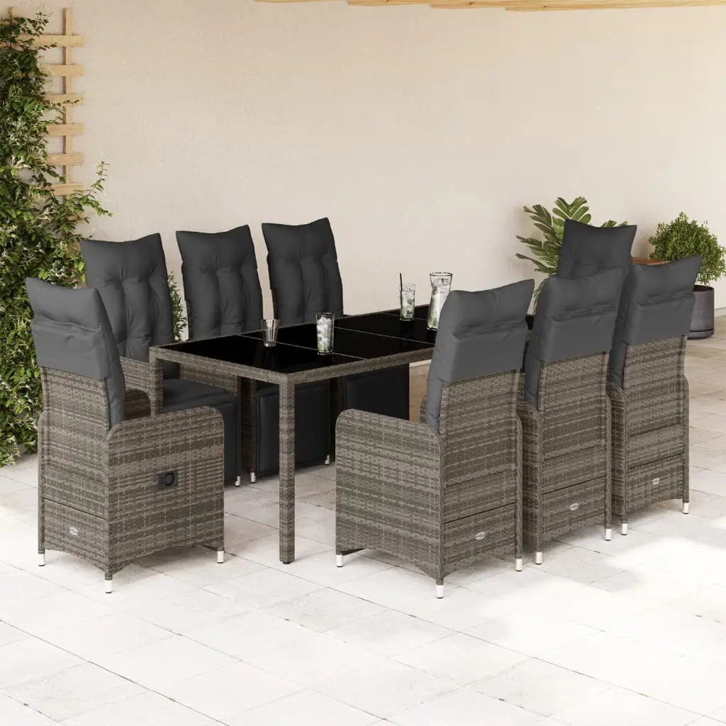 Set Bistrò da Giardino 9 pz con Cuscini in Polyrattan Grigio