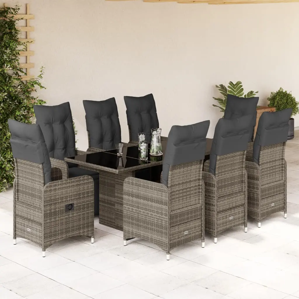 Set Bistrò da Giardino 9 pz con Cuscini in Polyrattan Grigio