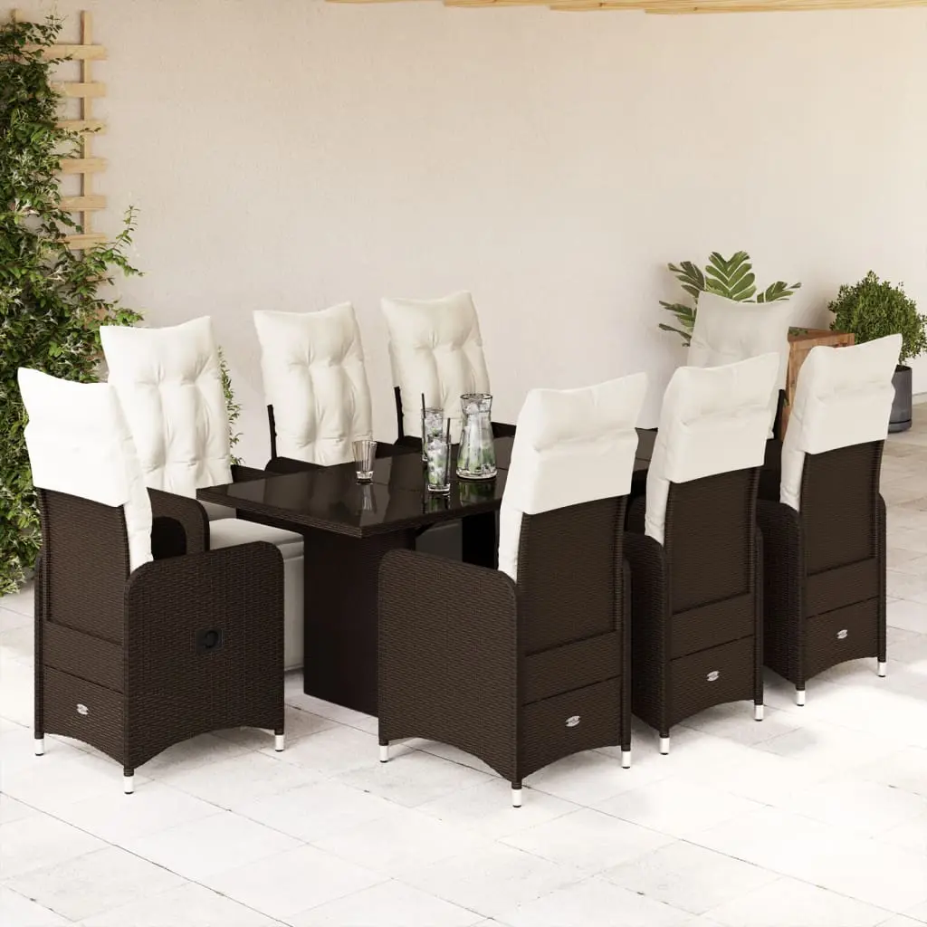 Set Bistrò da Giardino 9 pz con Cuscini in Polyrattan Marrone