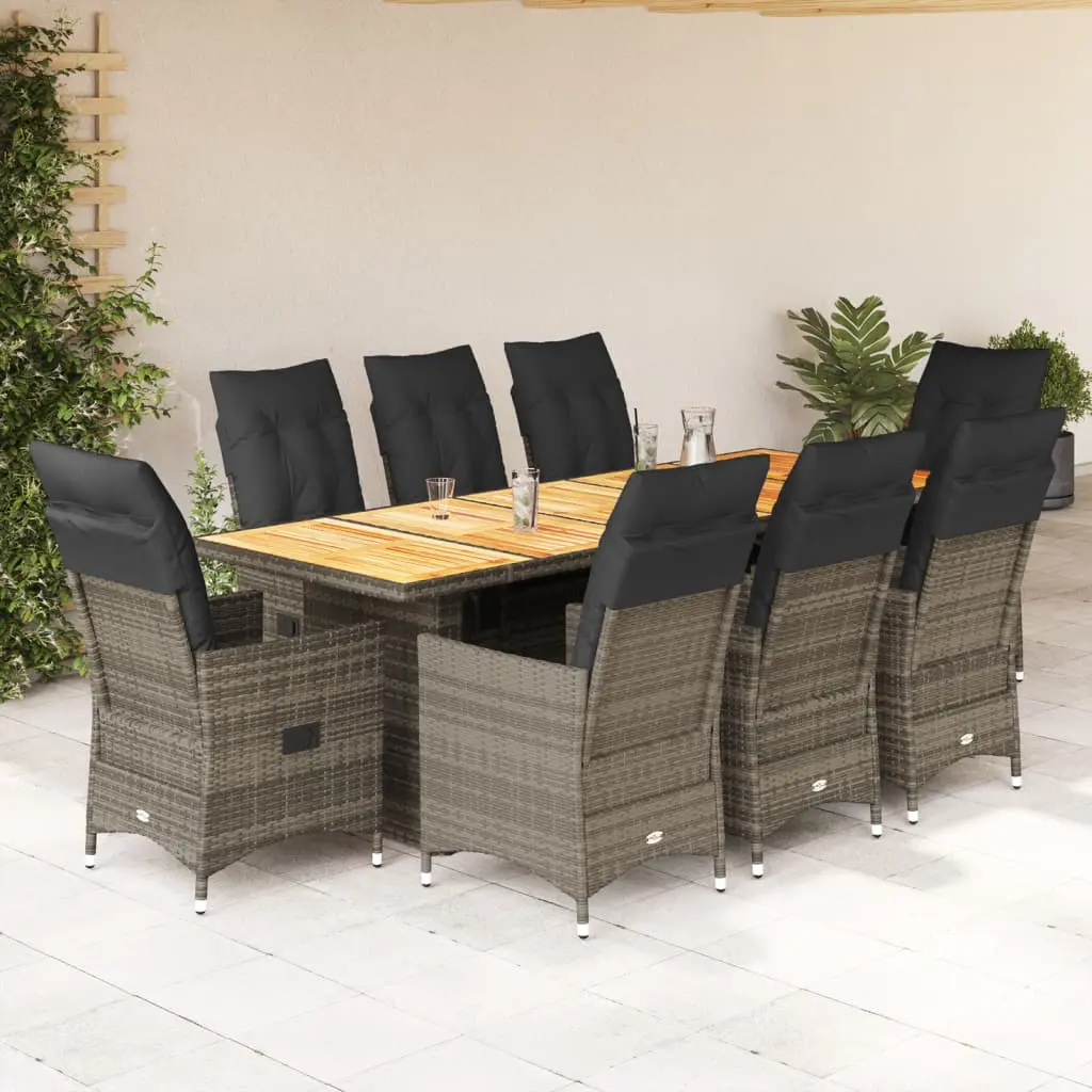 Set Bistrò da Giardino 9 pz con Cuscini in Polyrattan Grigio