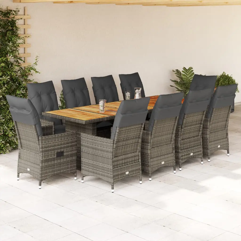 Set Bistrò da Giardino 11 pz con Cuscini in Polyrattan Grigio