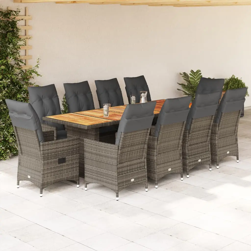 Set Bistrò da Giardino 11 pz con Cuscini in Polyrattan Grigio