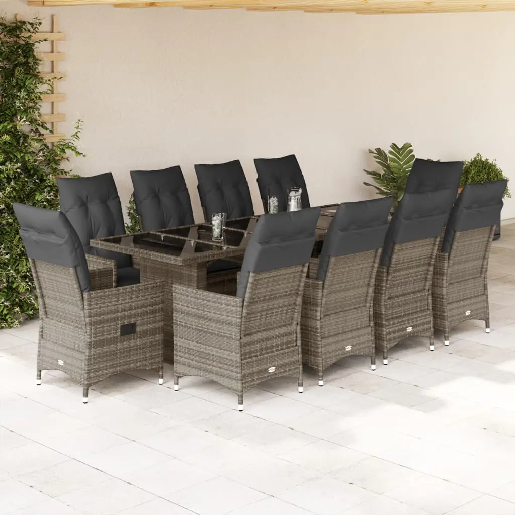 Set Bistrò da Giardino 11 pz con Cuscini in Polyrattan Grigio