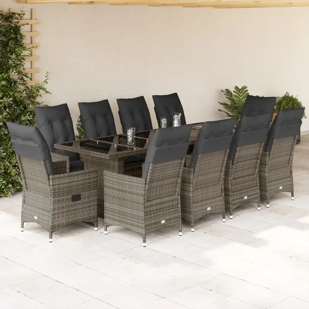 Set Bistrò da Giardino 11 pz con Cuscini in Polyrattan Grigio