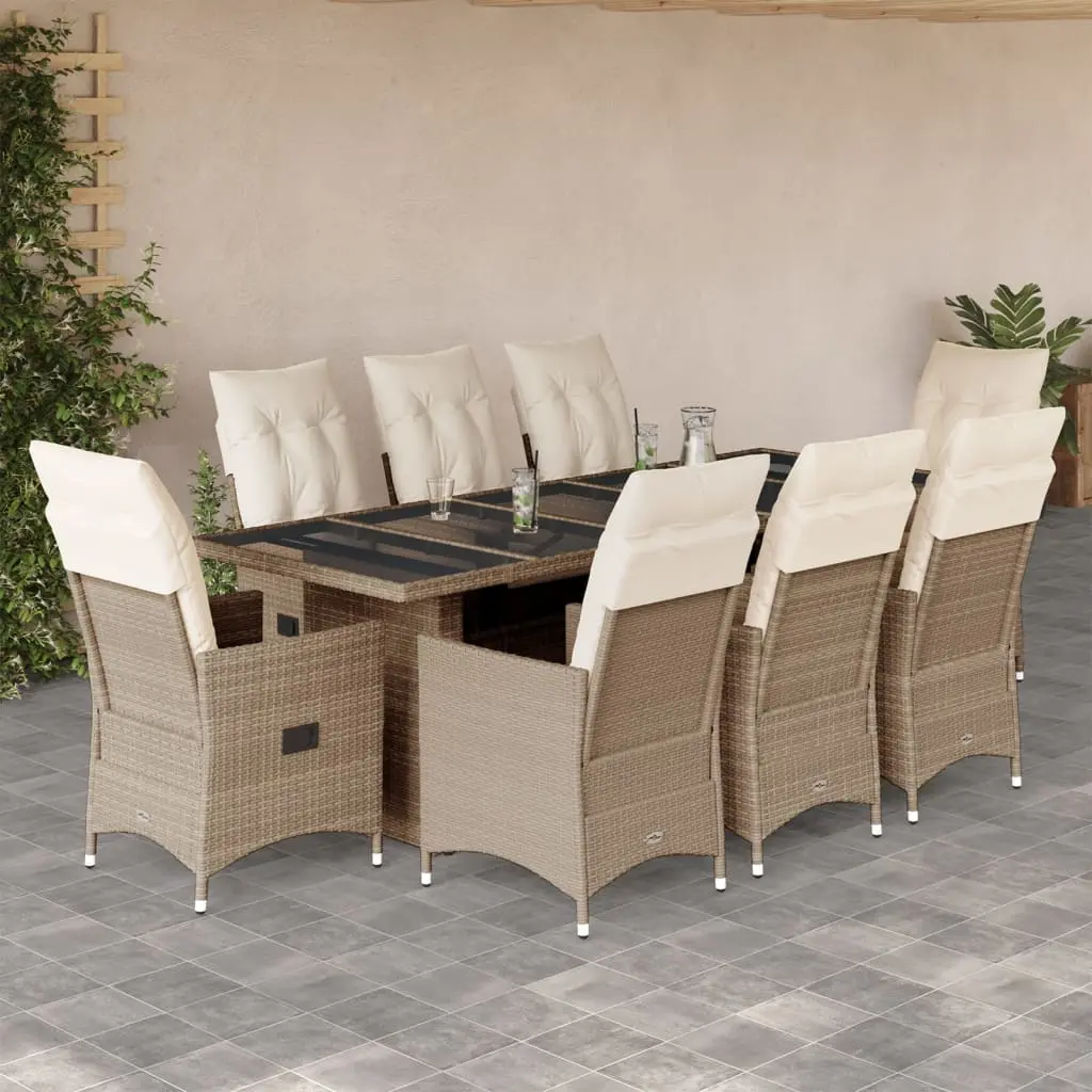 Set da Bistrò da Giardino 9 pz con Cuscini Beige in Polyrattan