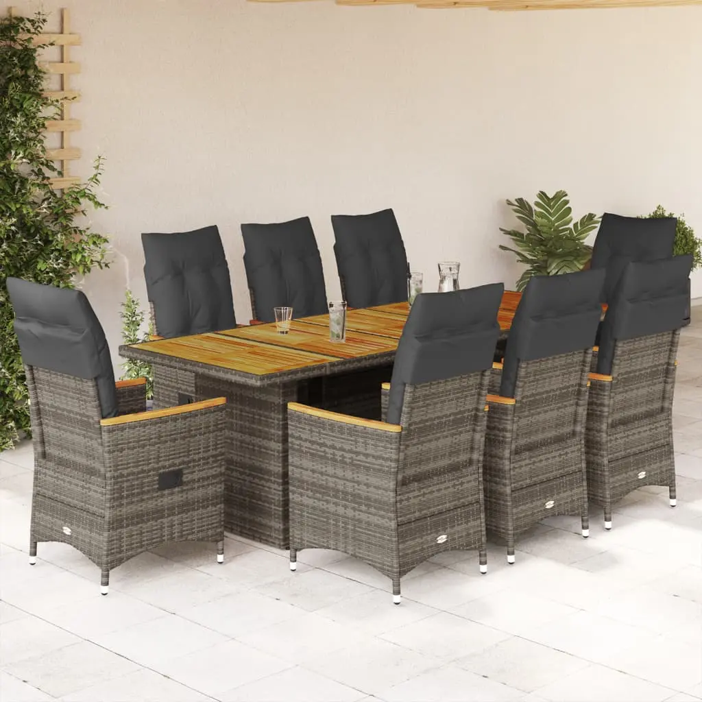 Set Bistrò da Giardino 9 pz con Cuscini in Polyrattan Grigio