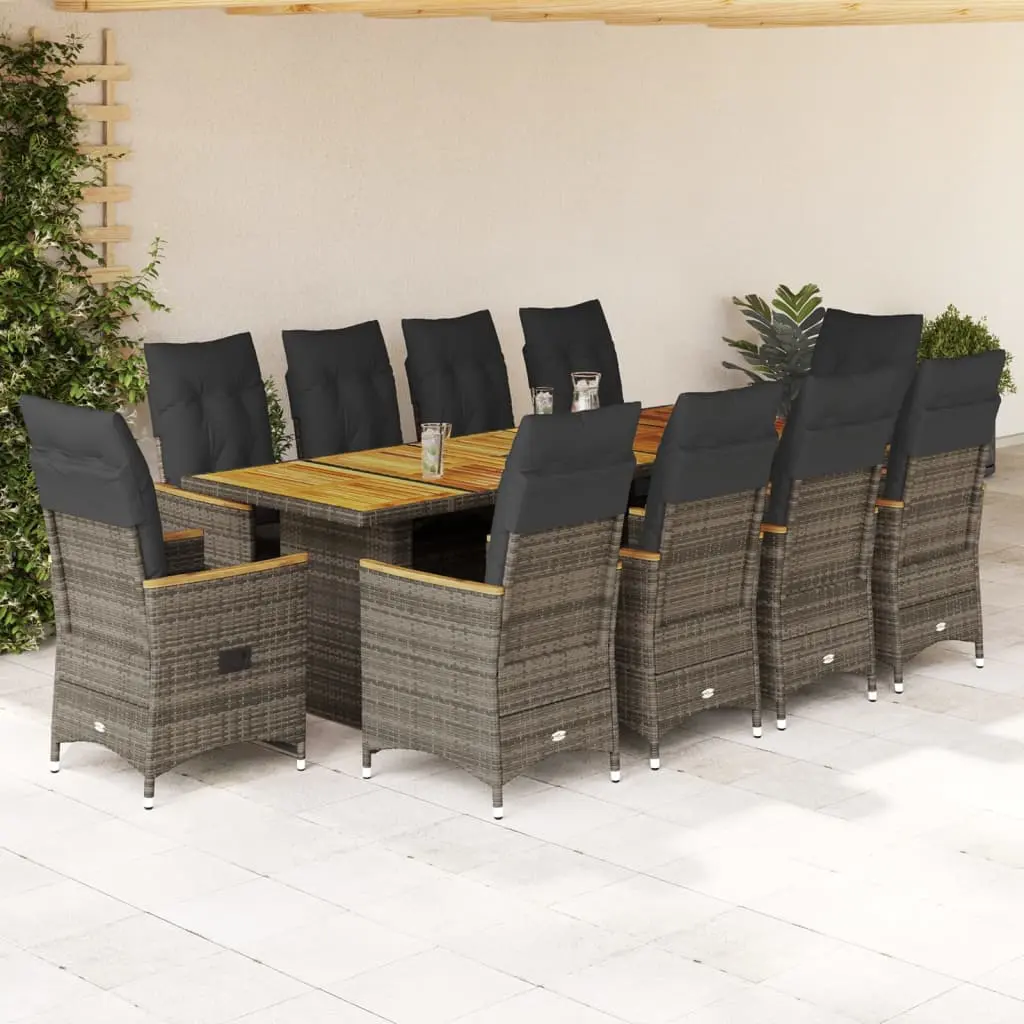 Set Bistrò da Giardino 11 pz con Cuscini in Polyrattan Grigio