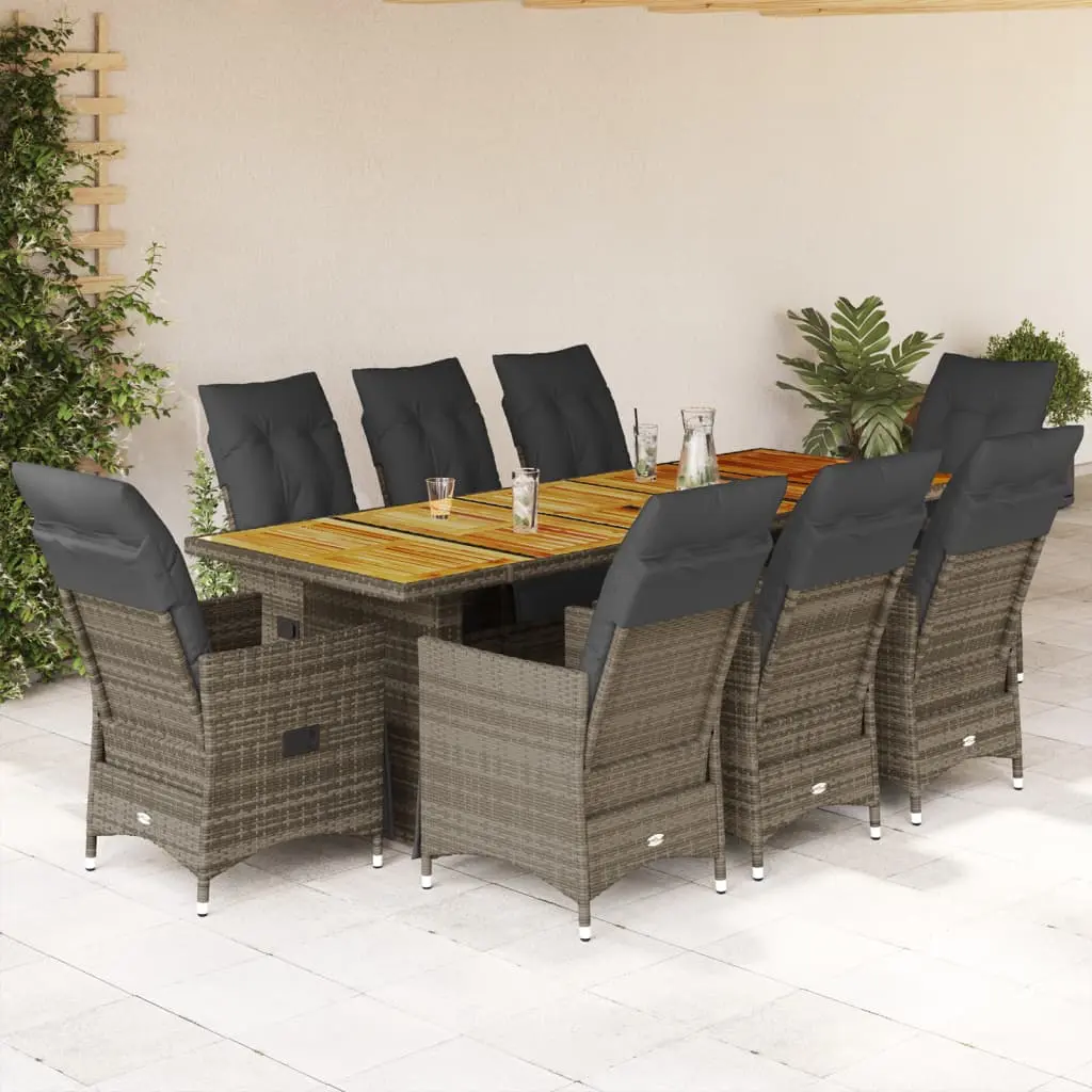 Set Bistrò da Giardino 9 pz con Cuscini in Polyrattan Grigio