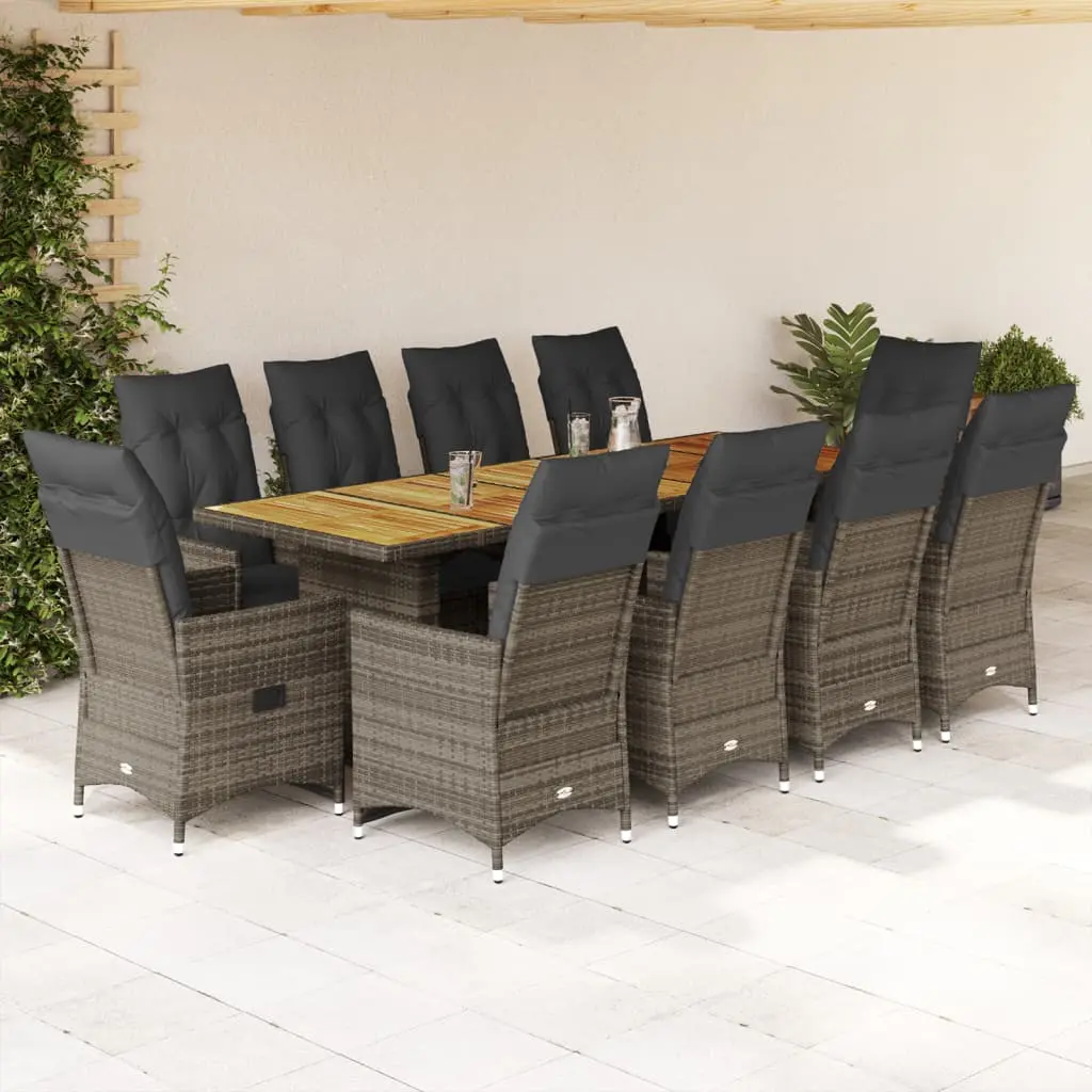 Set Bistrò da Giardino 11 pz con Cuscini in Polyrattan Grigio