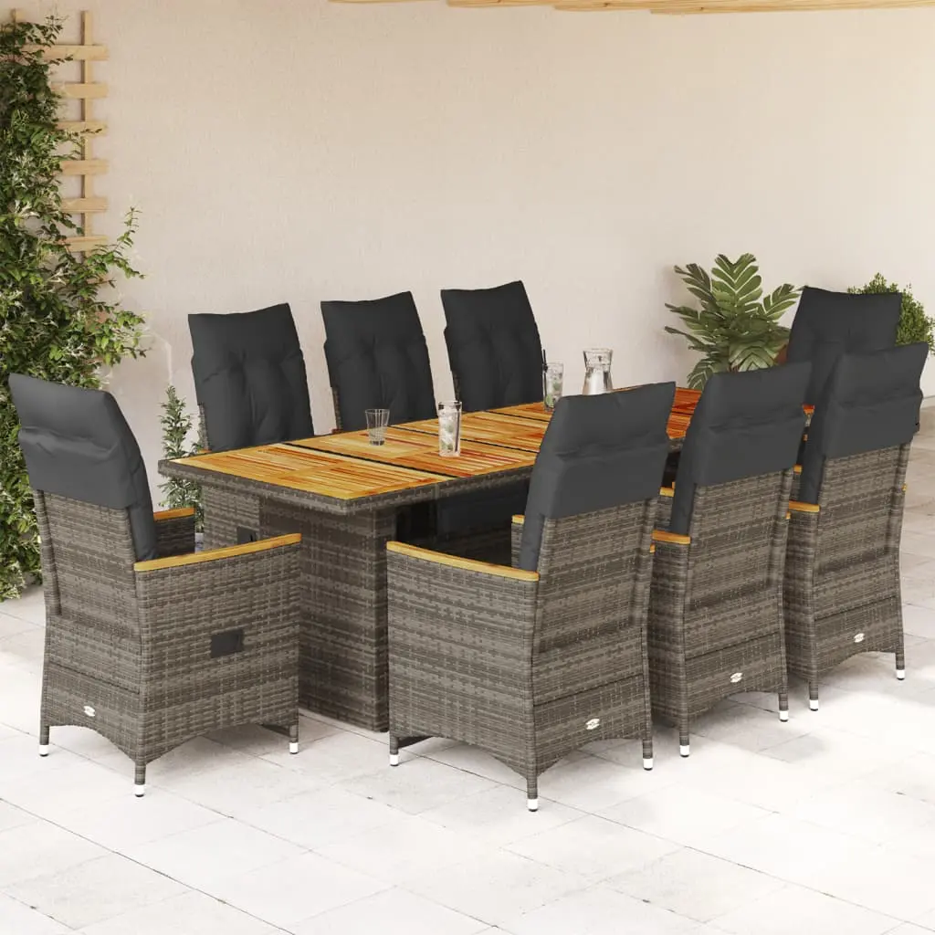 Set Bistrò da Giardino 9 pz con Cuscini in Polyrattan Grigio