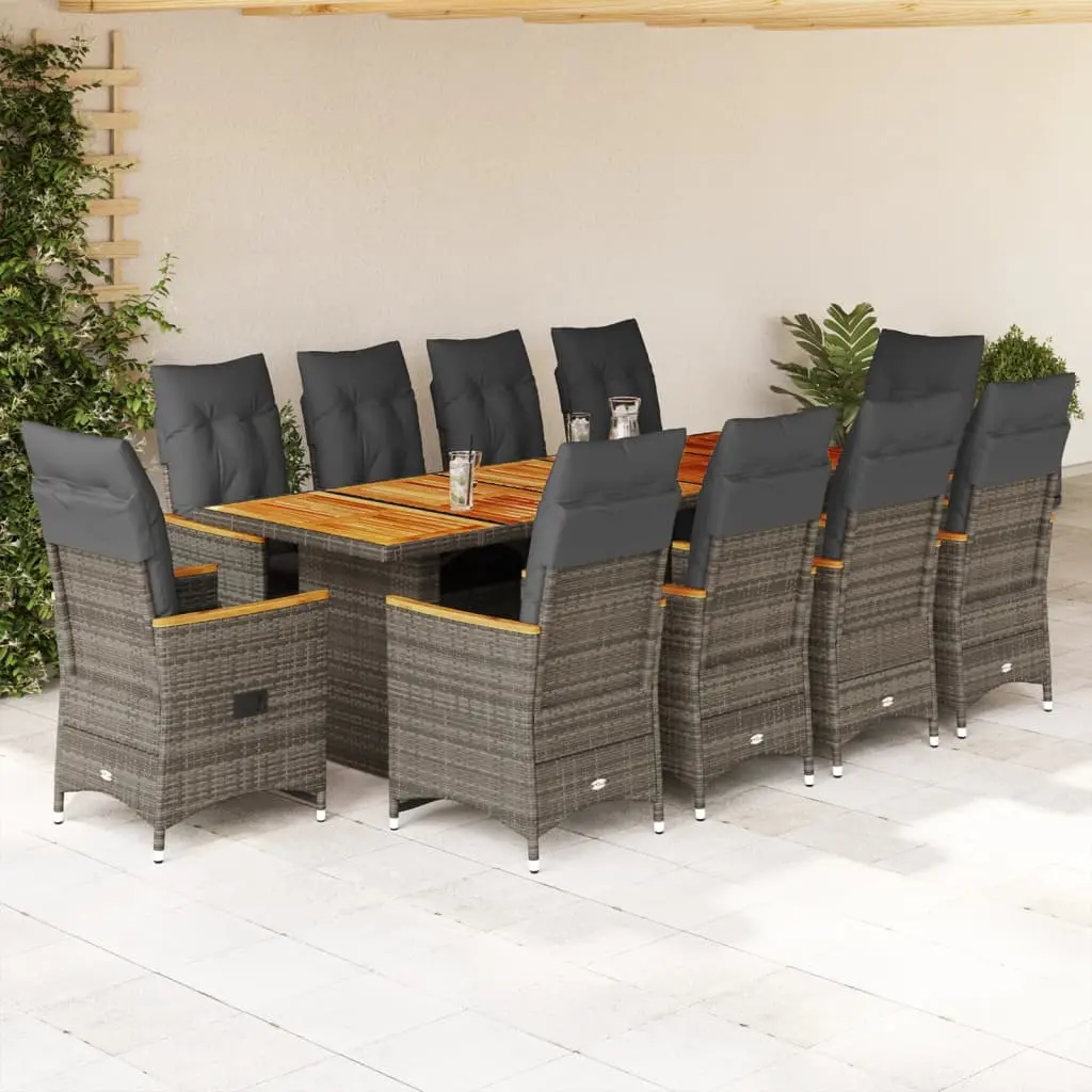 Set Bistrò da Giardino 11 pz con Cuscini in Polyrattan Grigio