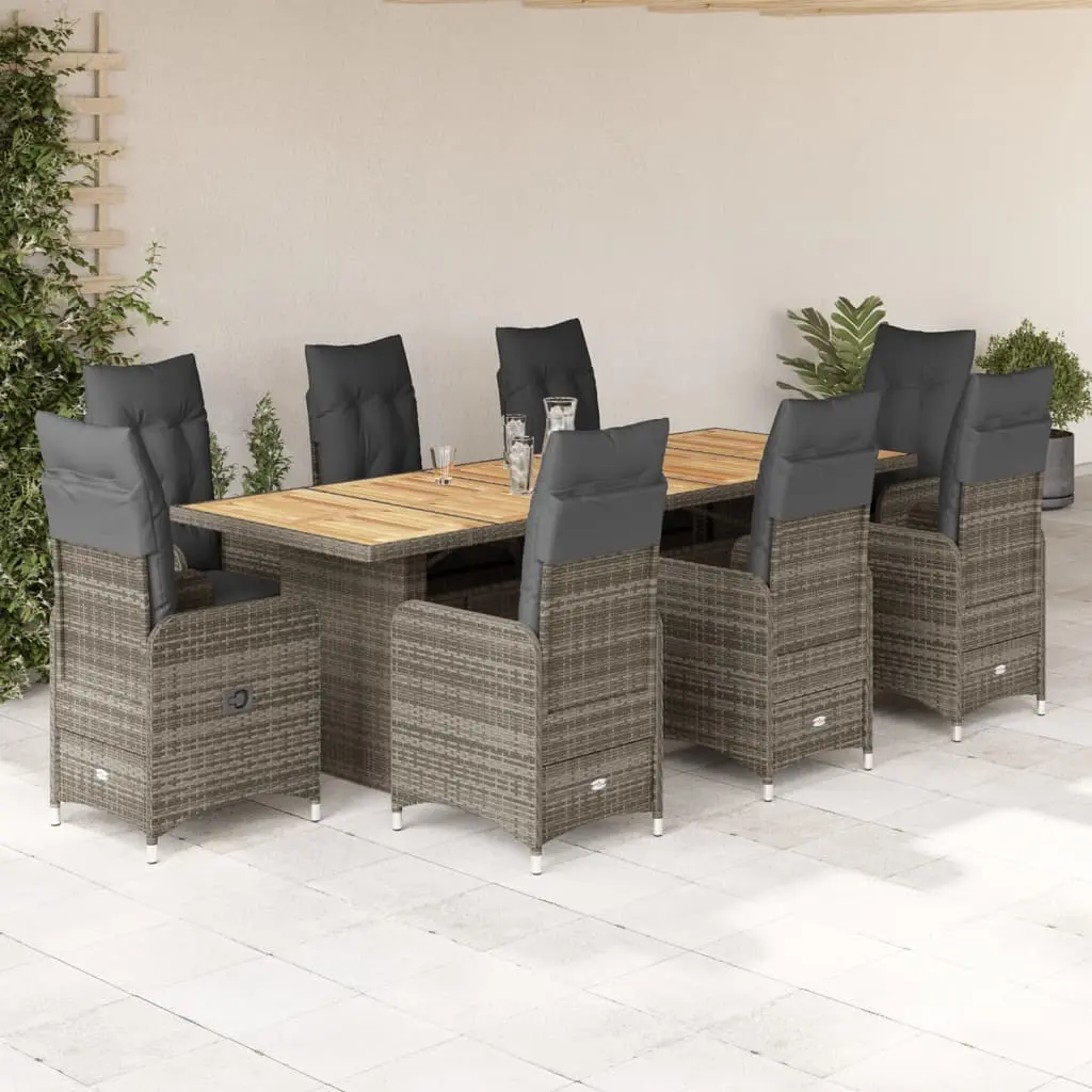 Set Bistrò da Giardino 9 pz con Cuscini in Polyrattan Grigio