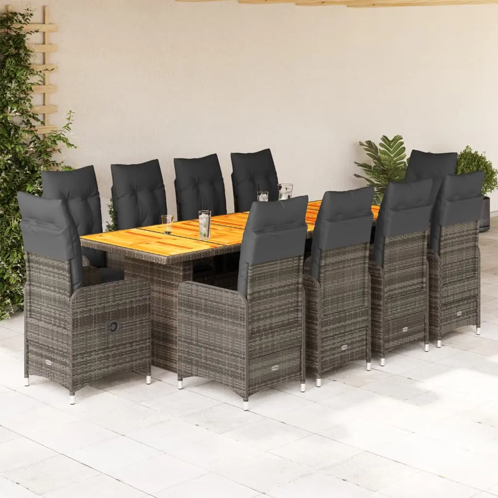 Set Bistrò da Giardino 11 pz con Cuscini in Polyrattan Grigio