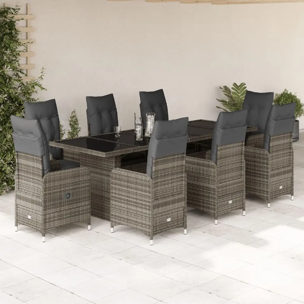 Set Bistrò da Giardino 9 pz con Cuscini in Polyrattan Grigio