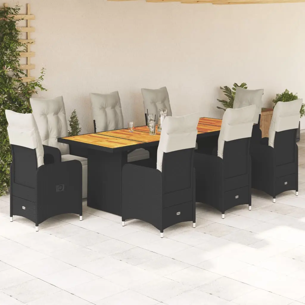 Set Bistrò da Giardino 9 pz con Cuscini in Polyrattan Nero