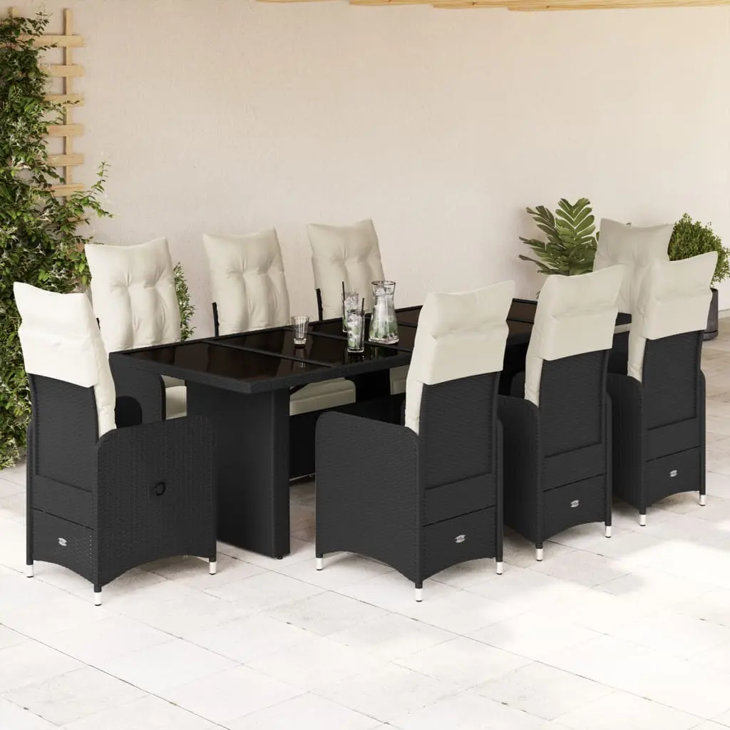 Set Bistrò da Giardino 9 pz con Cuscini in Polyrattan Nero