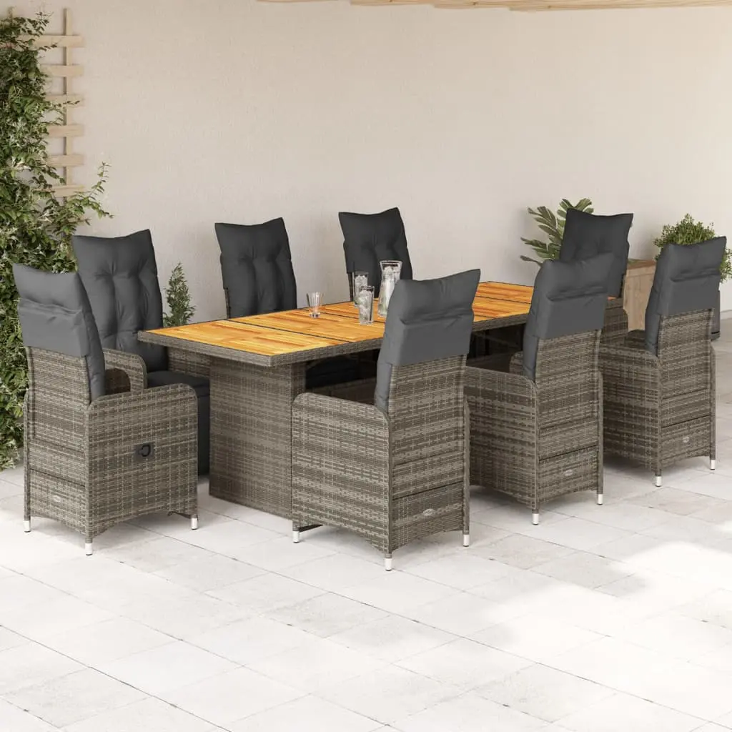 Set Bistrò da Giardino 9 pz con Cuscini in Polyrattan Grigio