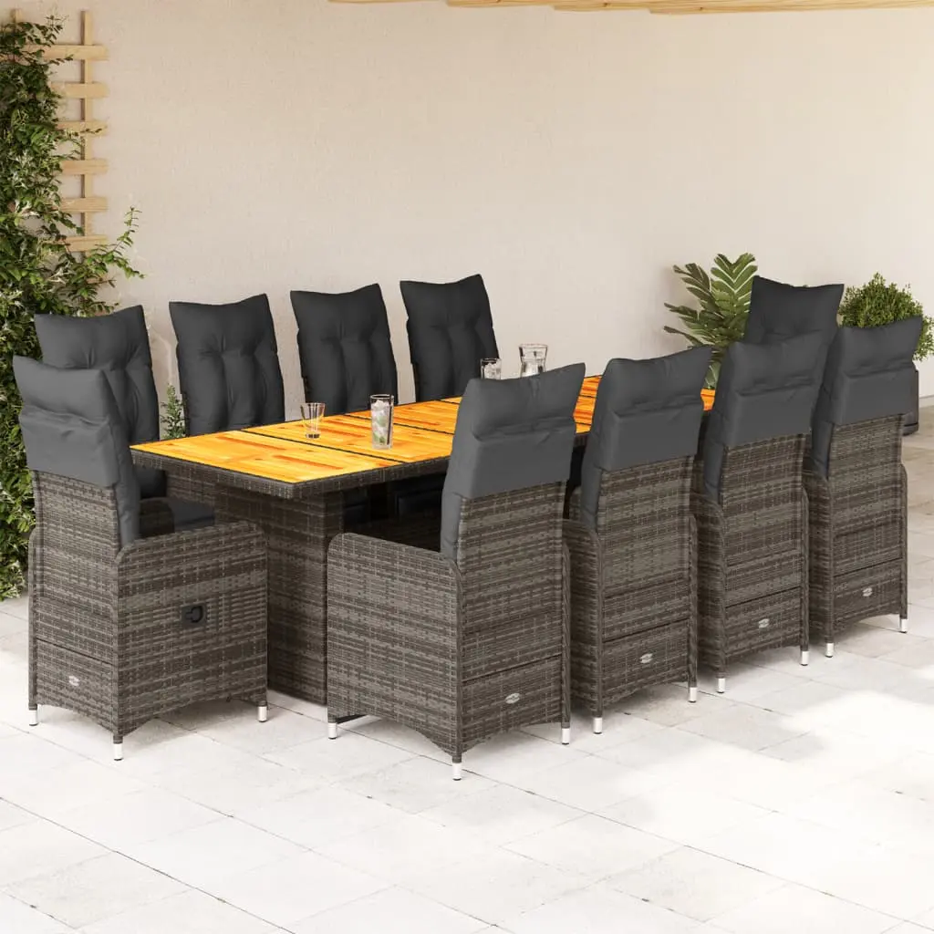 Set Bistrò da Giardino 11 pz con Cuscini in Polyrattan Grigio