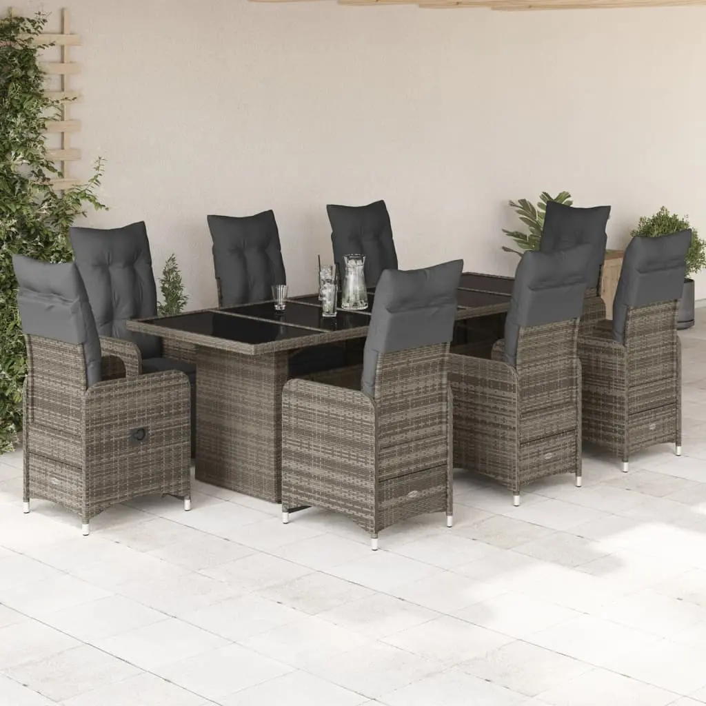 Set Bistrò da Giardino 9 pz con Cuscini in Polyrattan Grigio