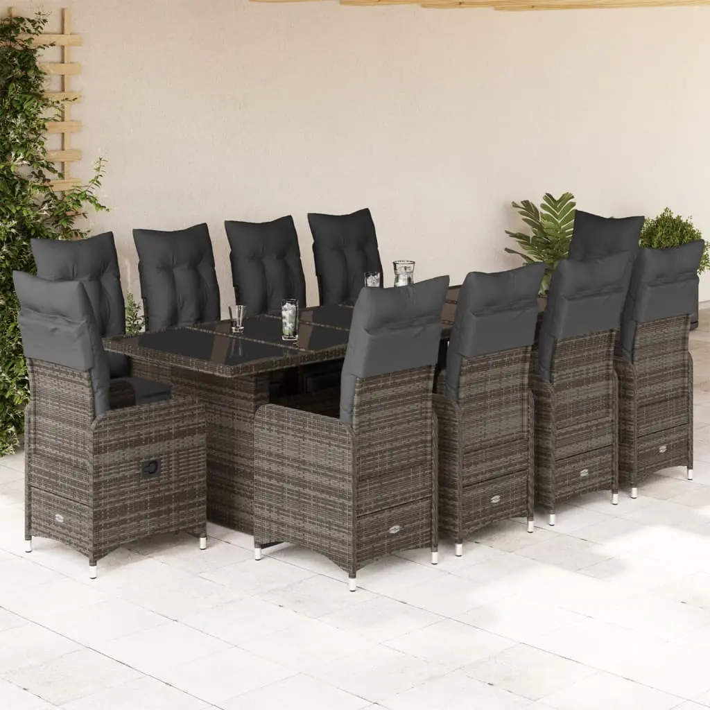 Set Bistrò da Giardino 11 pz con Cuscini in Polyrattan Grigio