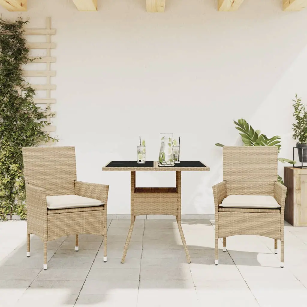 Set da Pranzo da Giardino 3 pz con Cuscini Polyrattan e Vetro