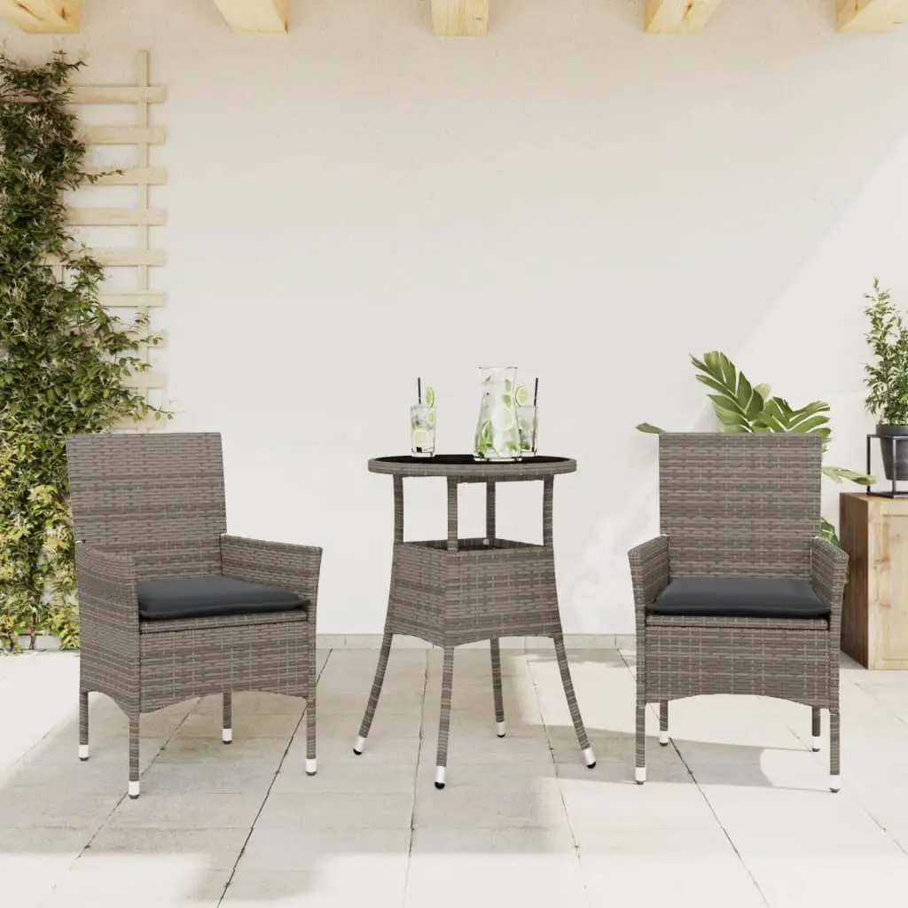 Set da Pranzo da Giardino 3 pz con Cuscini Polyrattan e Vetro