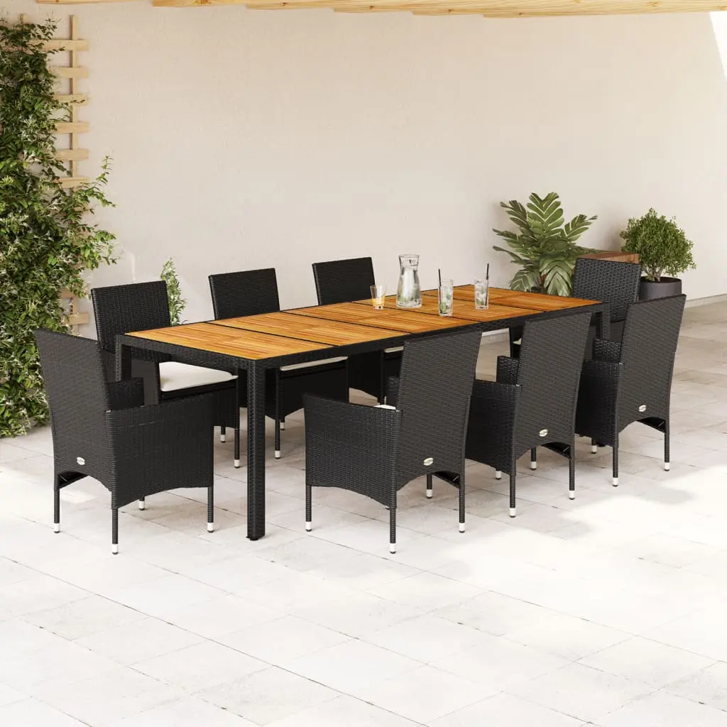 Set Pranzo da Giardino 9 pz con Cuscini Nero Polyrattan Acacia