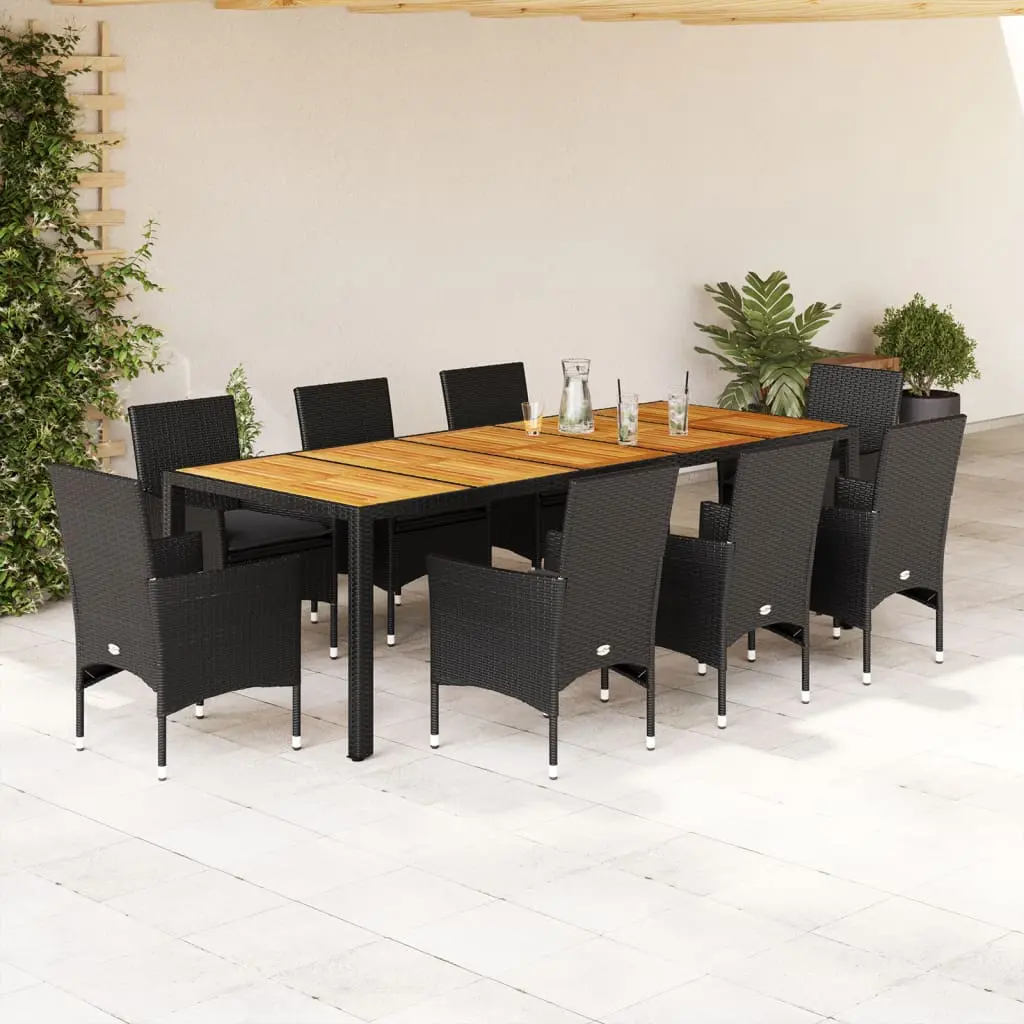 Set Pranzo da Giardino 9 pz con Cuscini Nero Polyrattan Acacia